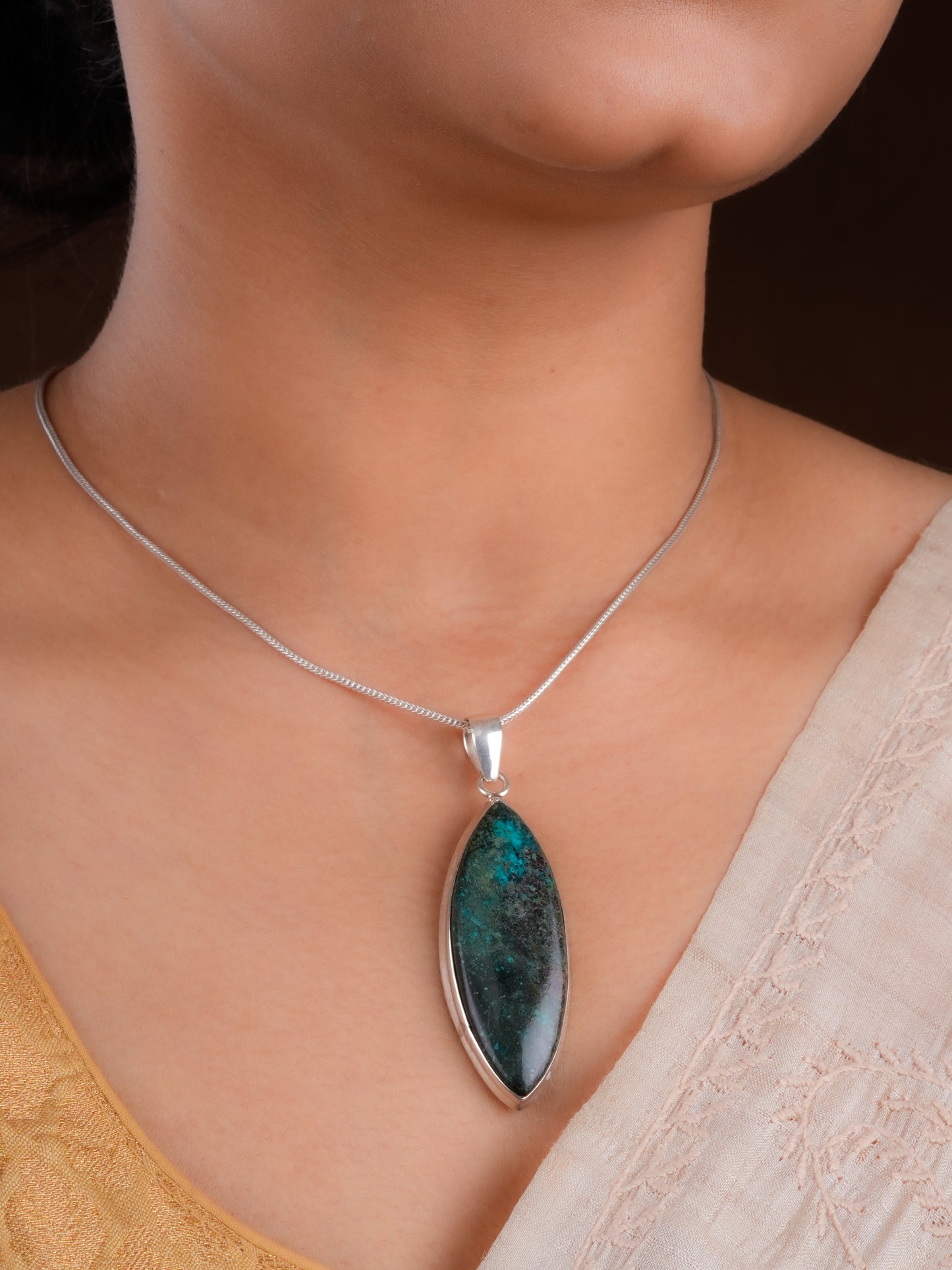 Marquise Chrysocolla Silver Pendant