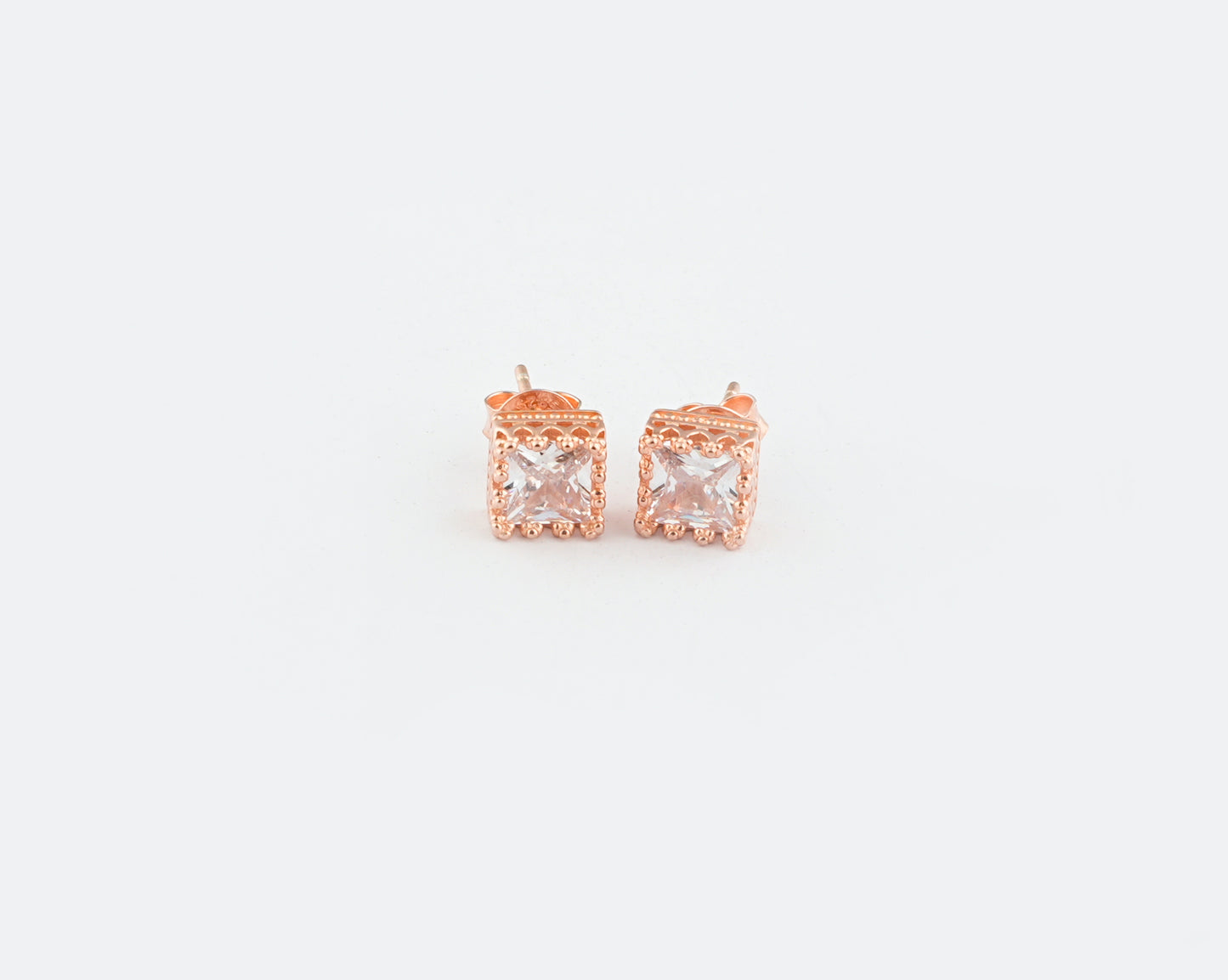 Cushion Cut Rose Gold plated Silver Solitaire Studs