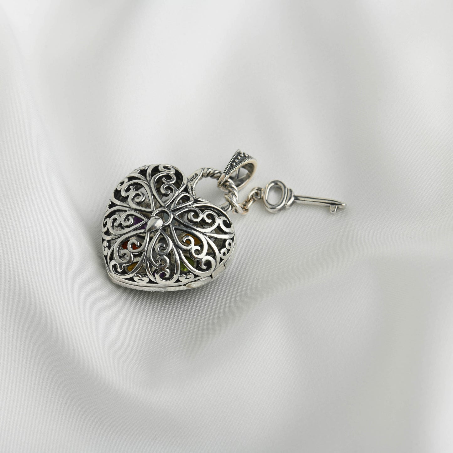 Key to My Heart: Colourful Gemstone Silver Marcasite Pendant