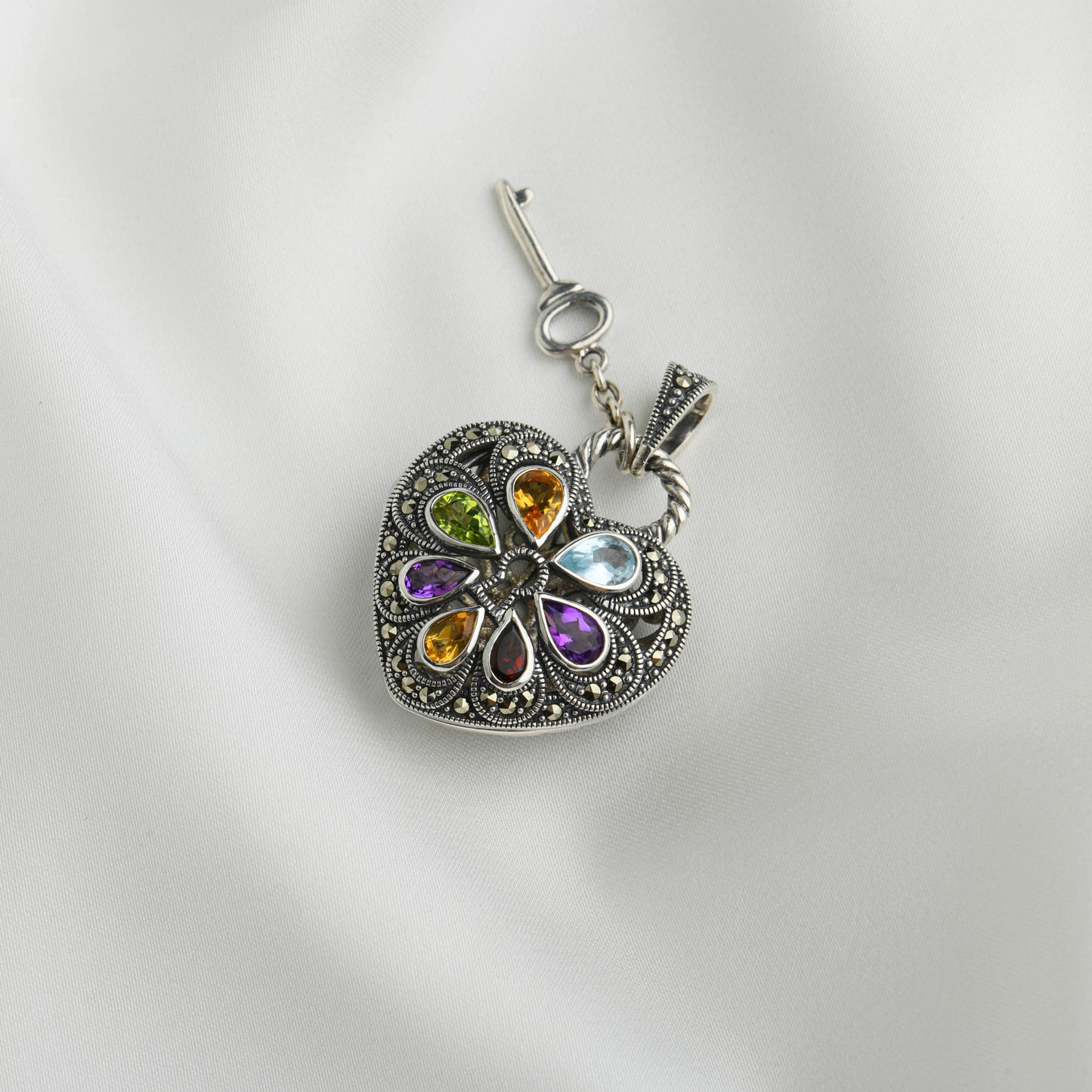 Key to My Heart: Colourful Gemstone Silver Marcasite Pendant