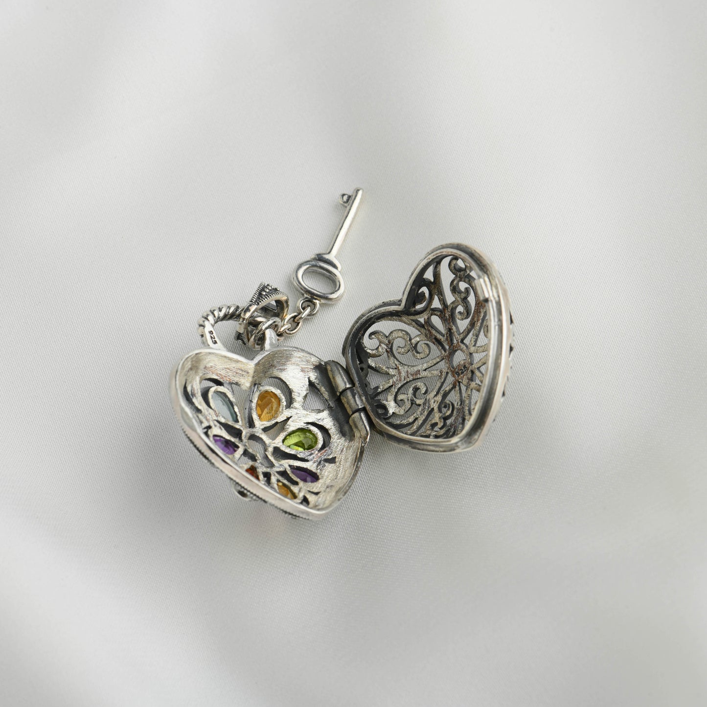 Key to My Heart: Colourful Gemstone Silver Marcasite Pendant