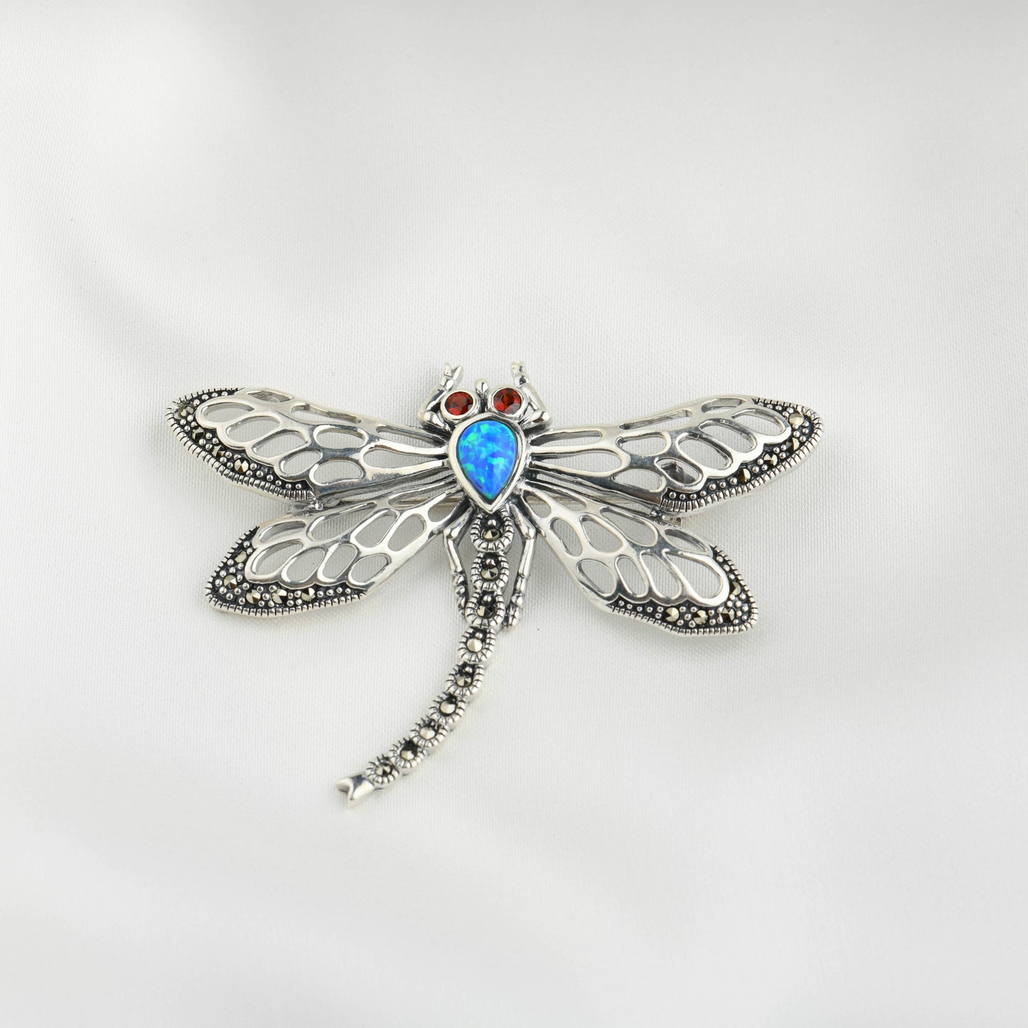 Celestial Dance: Marcasite Dragonfly Opal Pendant