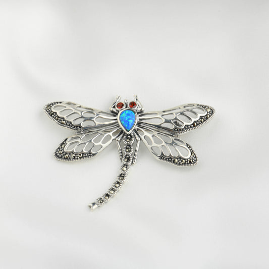 Celestial Dance: Marcasite Dragonfly Opal Pendant