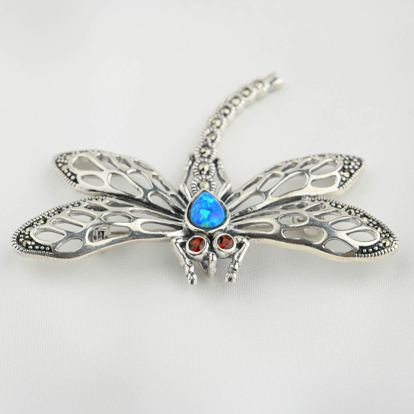 Celestial Dance: Marcasite Dragonfly Opal Pendant