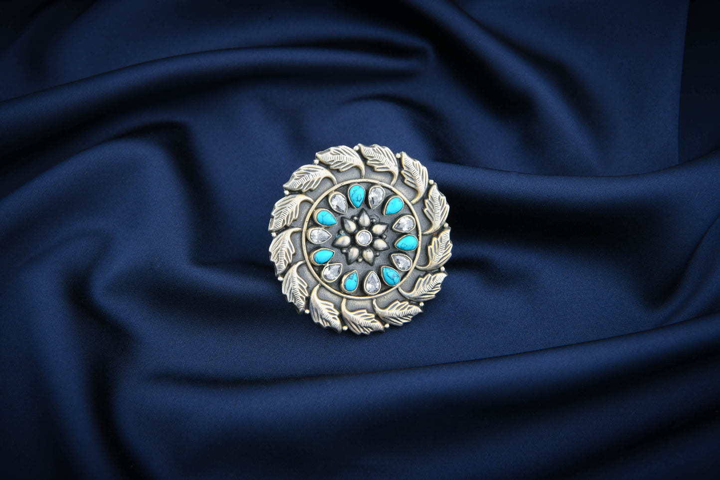 Turquoise And Leaf Silver Statement Ring