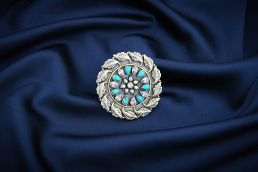 Turquoise And Leaf Silver Statement Ring