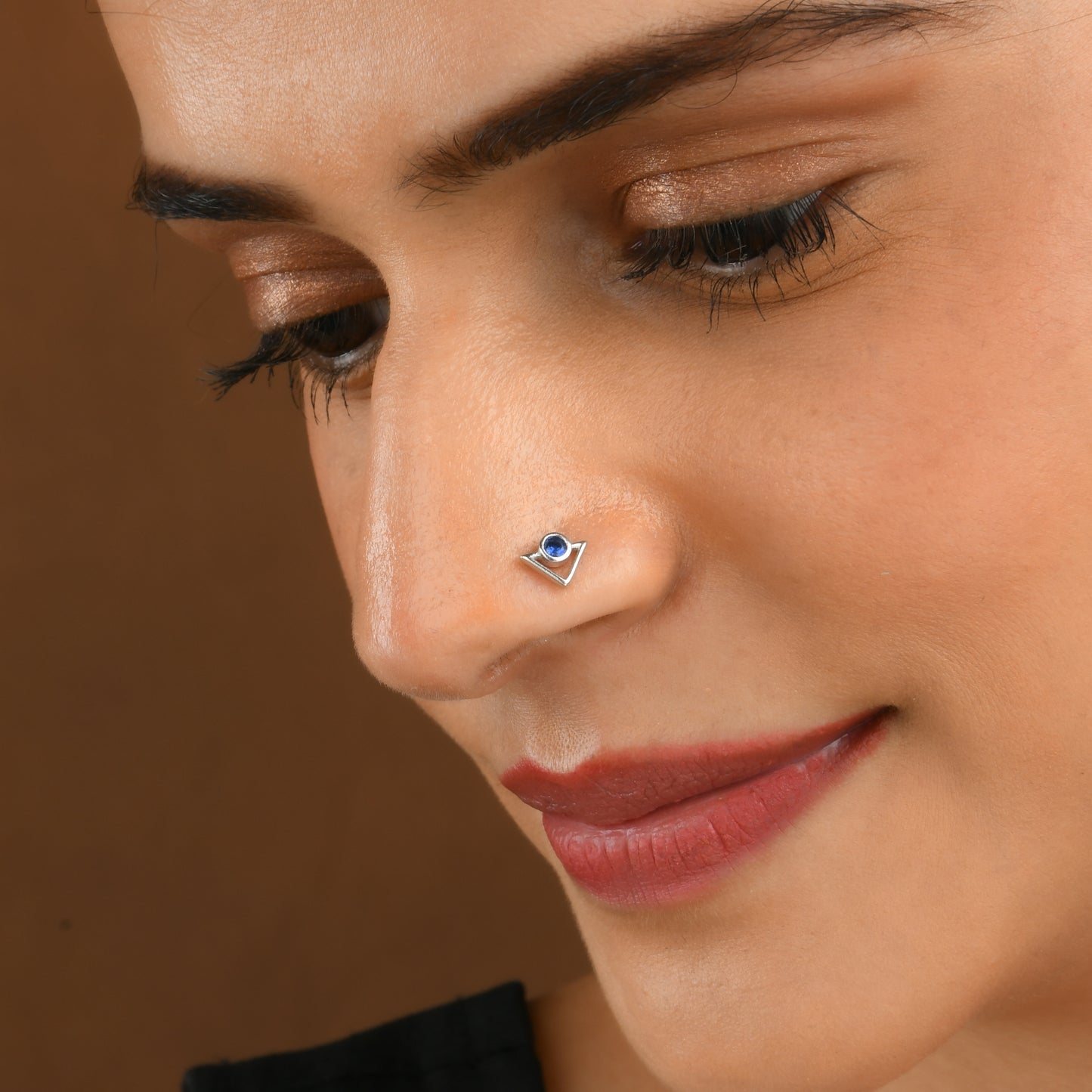 Trikone Blue CZ Silver Nose Pin