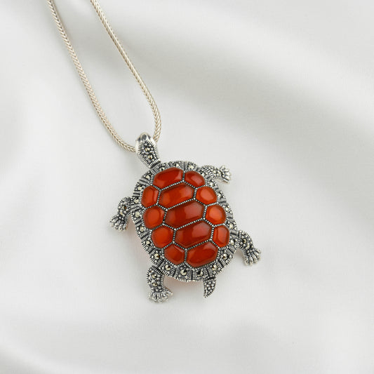 Vintage Style Carnelian Turtle Pendant - Marcasite Silver