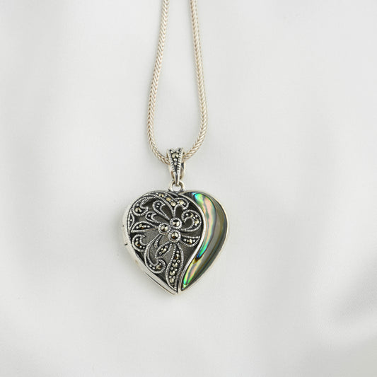 Silver Marcasite Abalone Inlay Heart Pendant