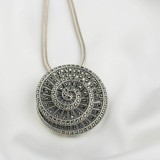 Marcasite Spiral Pendant - Sterling Silver Art Deco Necklace