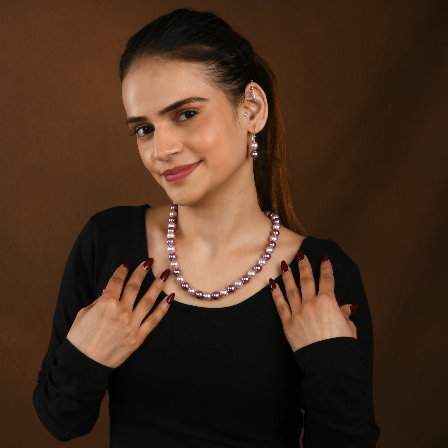 Pink And Wine Pearl Necklace Set