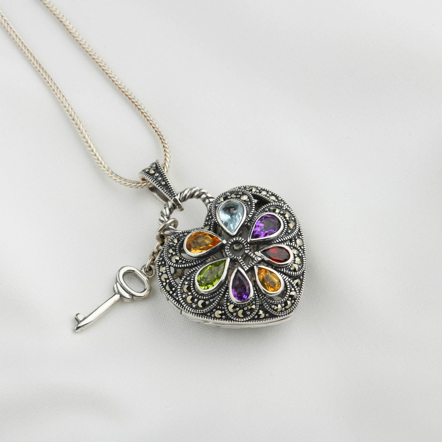 Key to My Heart: Colourful Gemstone Silver Marcasite Pendant