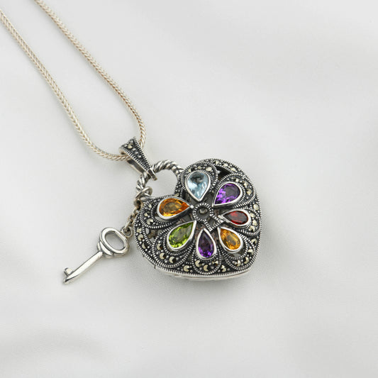 Key to My Heart: Colourful Gemstone Silver Marcasite Pendant