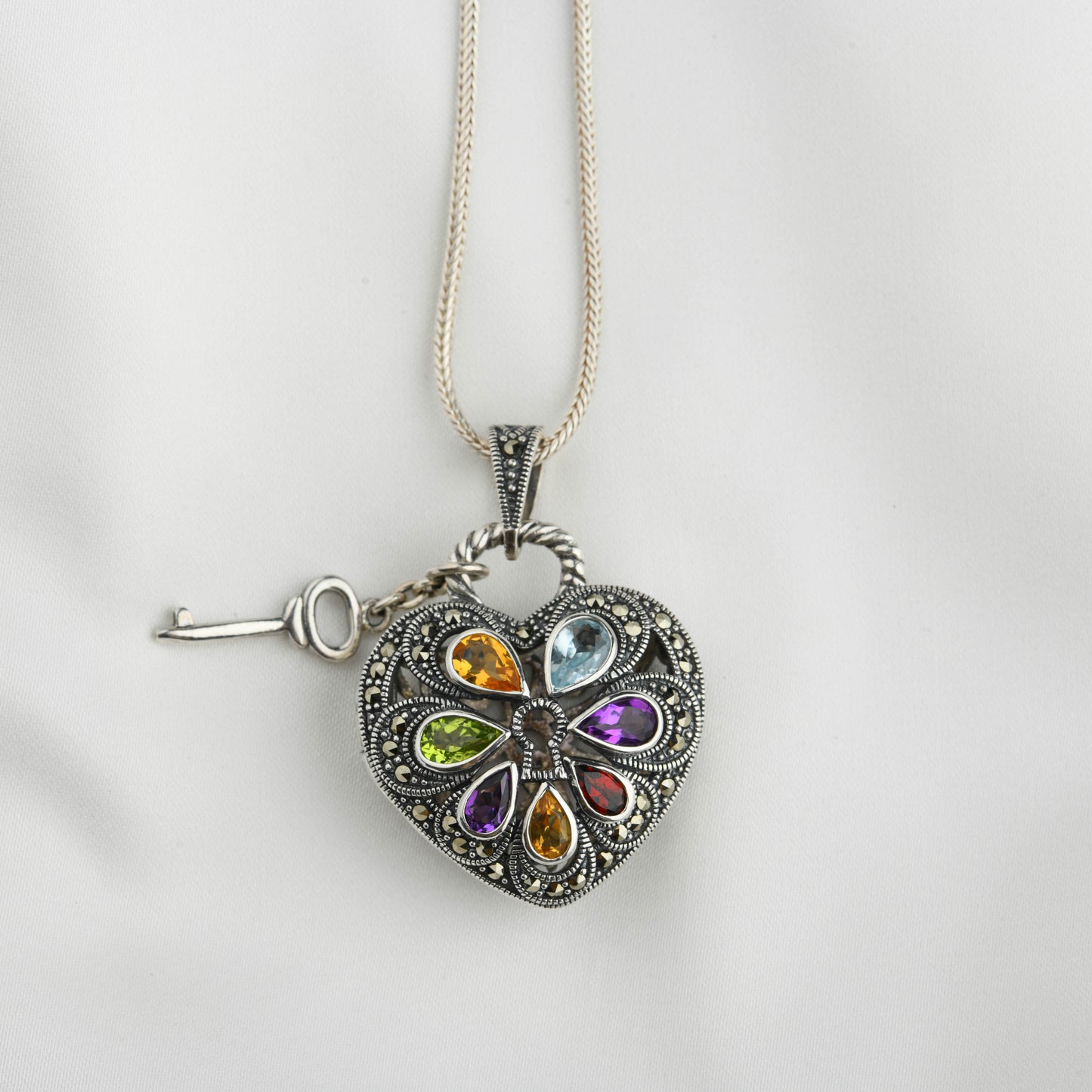 Key to My Heart: Colourful Gemstone Silver Marcasite Pendant