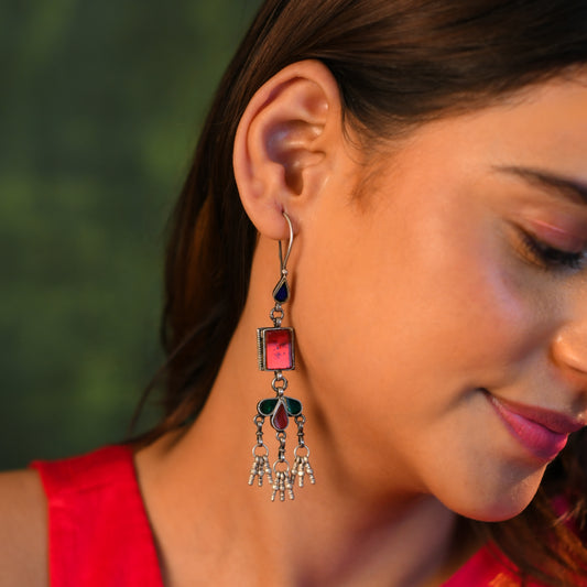 Silver Ruby Red Glass Earrings