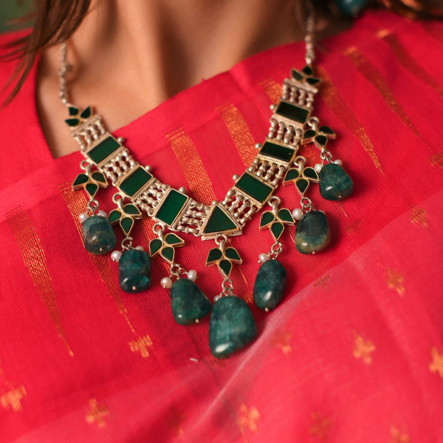 Silver Green Mirrored Choker Set