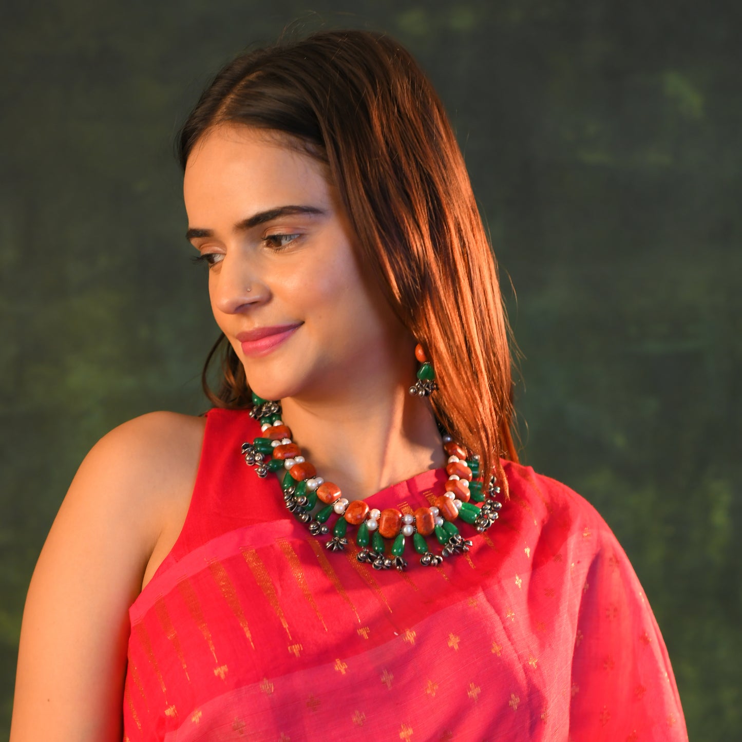 Silver Coral Pearls Choker Set