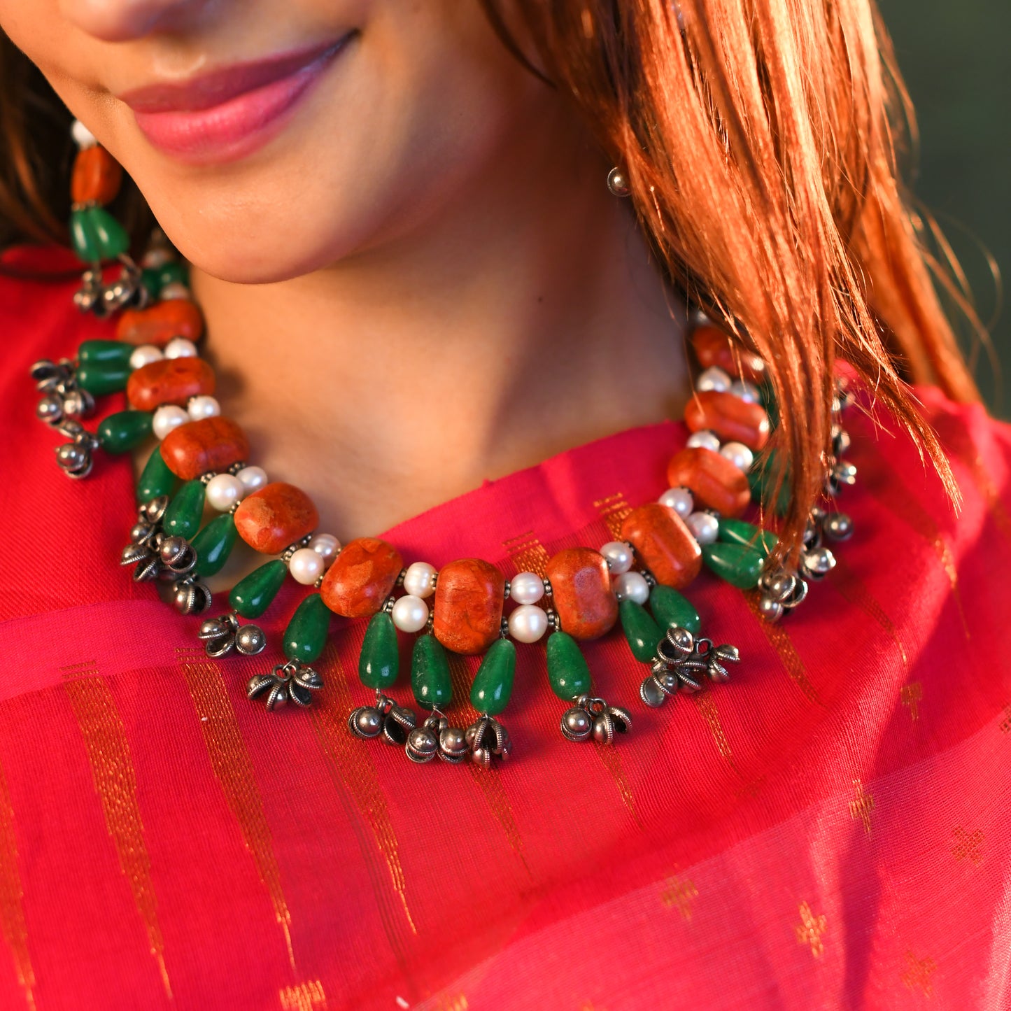 Silver Coral Pearls Choker Set