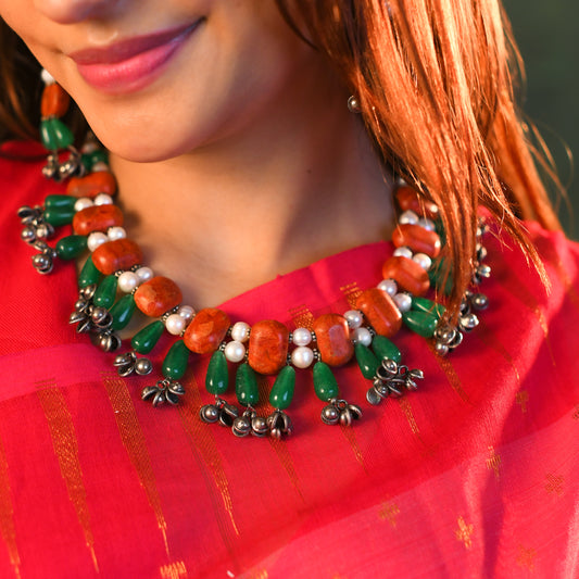 Silver Coral Pearls Choker Set