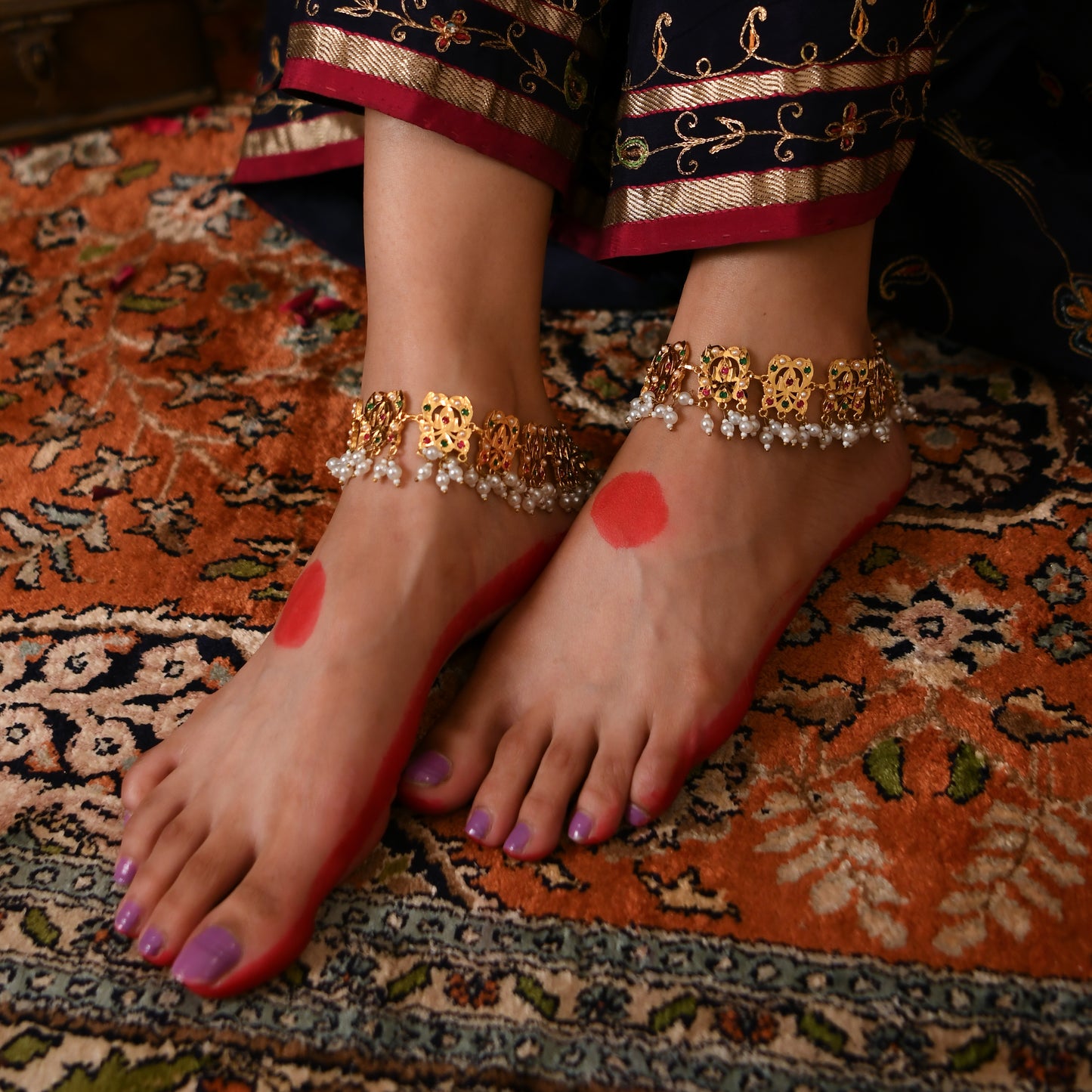 Purani Dilli Kamal Phool Gold Plated Silver Anklets