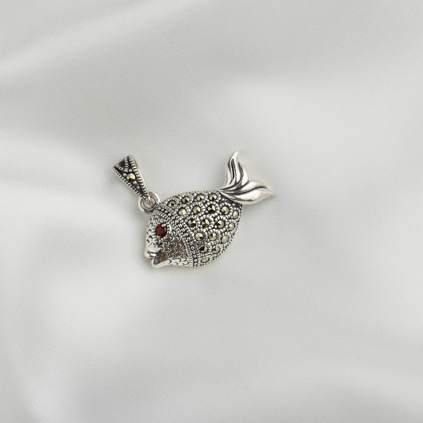 Garnet-eyed Silver Marcasite Fish Pendant