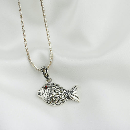Garnet-eyed Silver Marcasite Fish Pendant