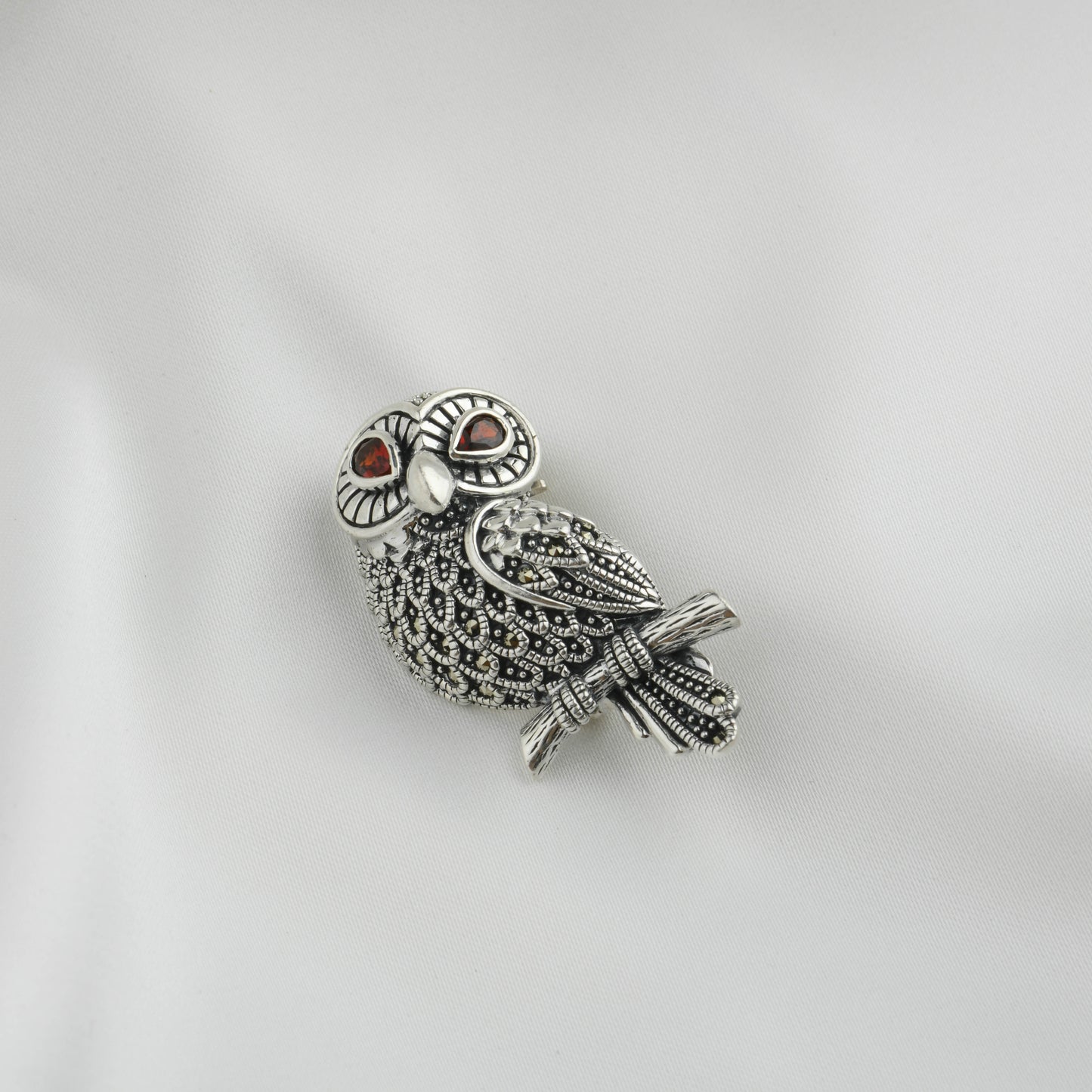 Crimson-Eyed : Marcasite Silver Owl Brooch cum Pendant