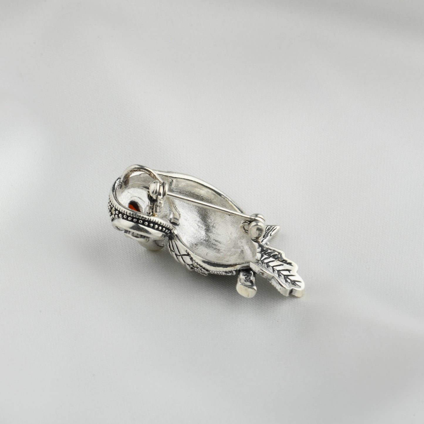 Crimson-Eyed : Marcasite Silver Owl Brooch cum Pendant