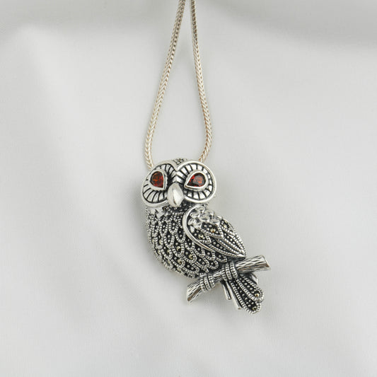 Crimson-Eyed : Marcasite Silver Owl Brooch cum Pendant