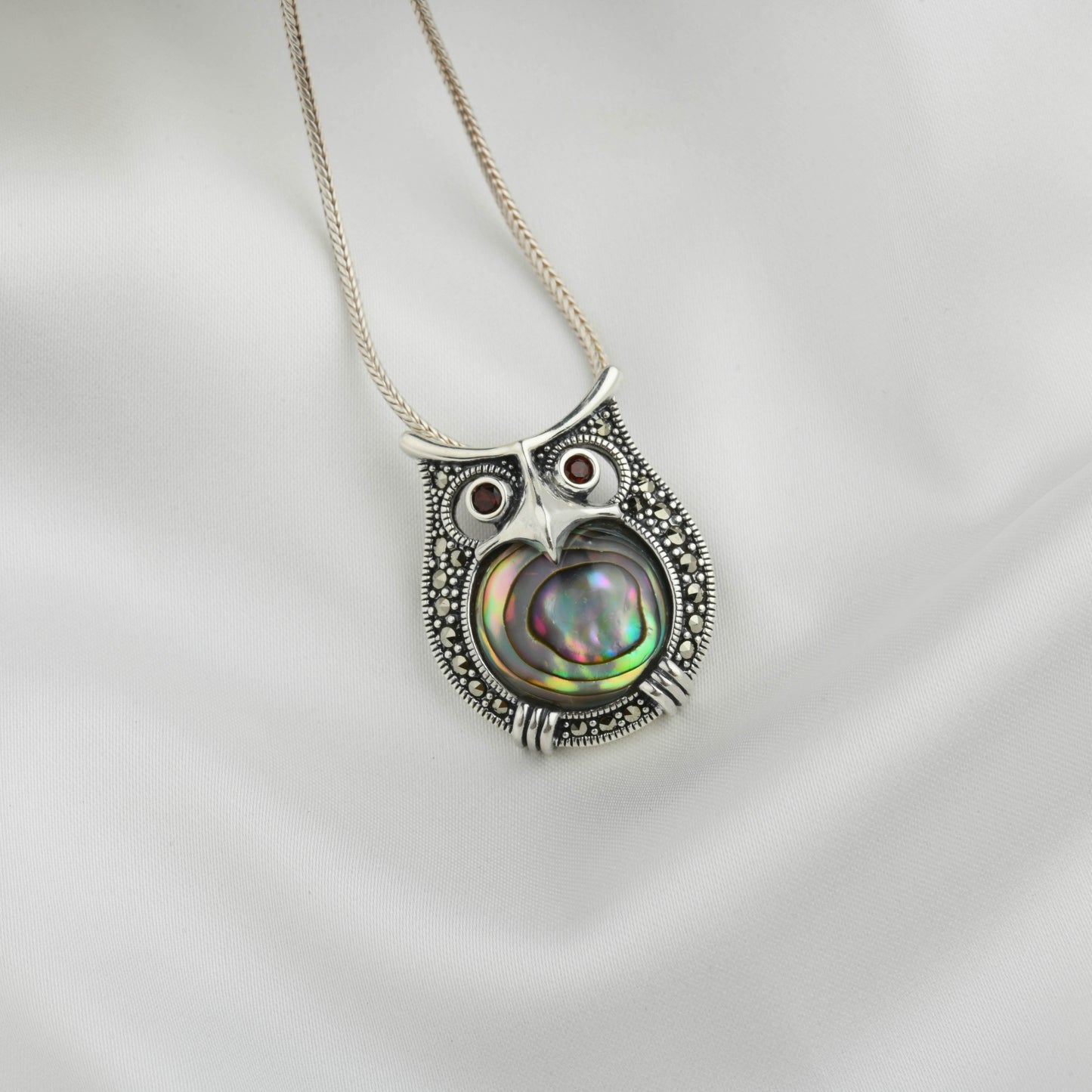 Garnet-Eyed Marcasite Owl Shell Brooch Cum Pendant