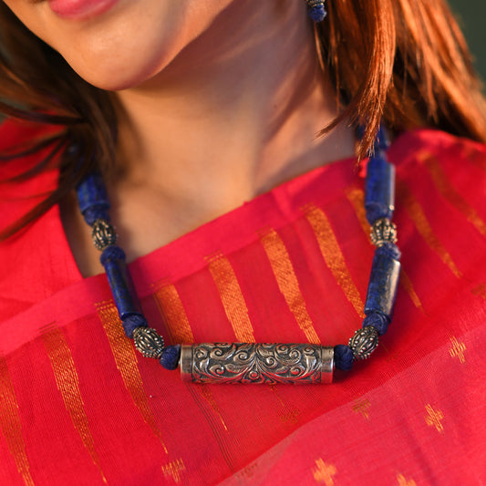 Silver Chitai Beads And Lapis Lazuli Unique Beads Necklace