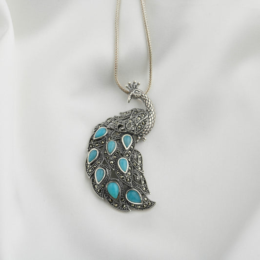 Majestic Peacock Turquoise Marcasite Pendant