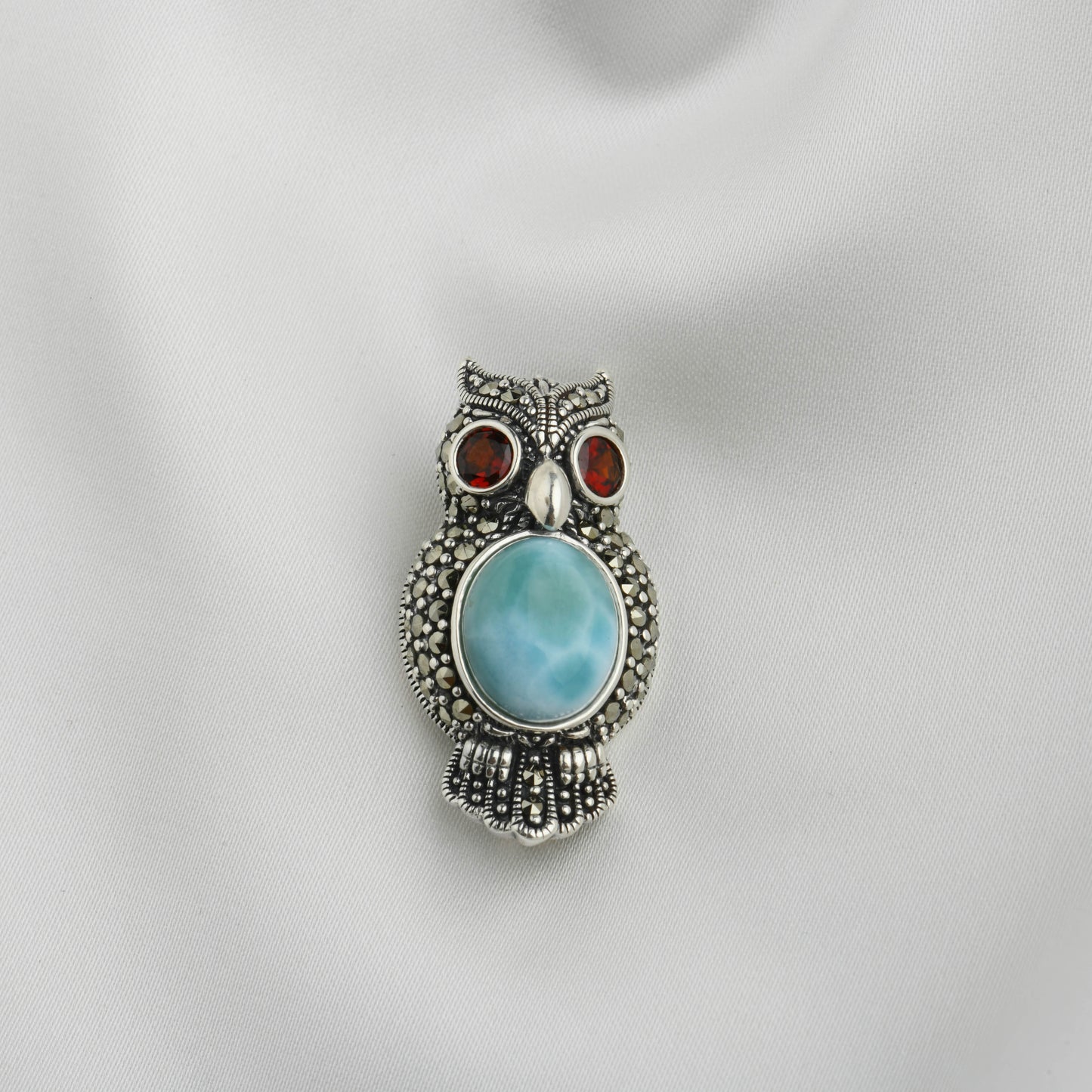Ocean Heart Owl: Silver Marcasite Brooch Cum Pendant