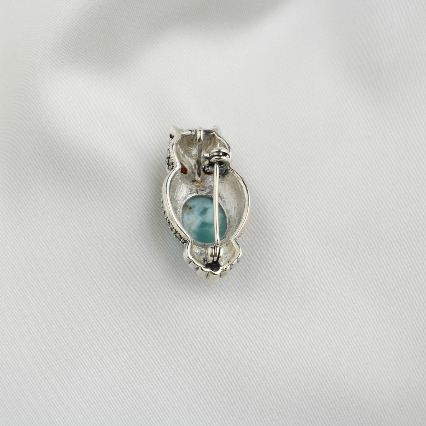 Ocean Heart Owl: Silver Marcasite Brooch Cum Pendant