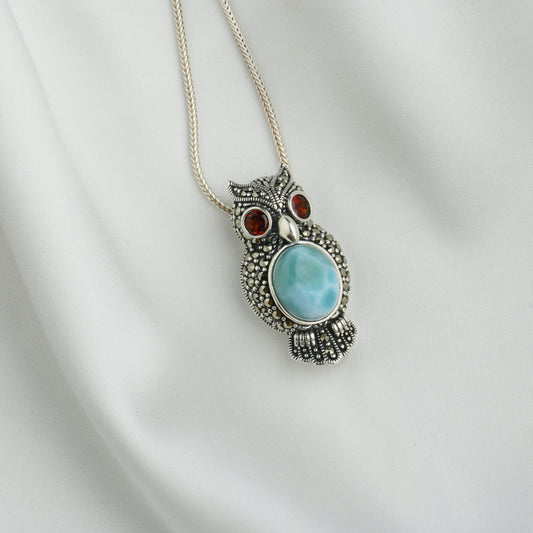 Ocean Heart Owl: Silver Marcasite Brooch Cum Pendant