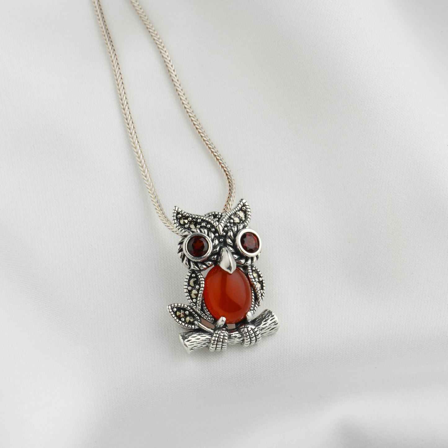 Fiery Gaze: Silver Marcasite Owl Brooch Cum Pendant