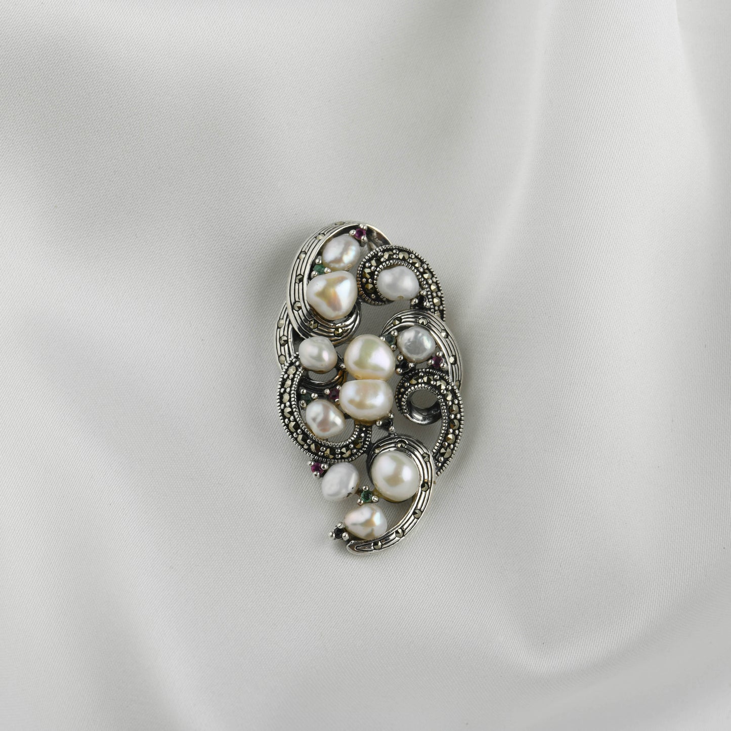 Dual Elegance Pearl and Marcasite Brooch-Pendant