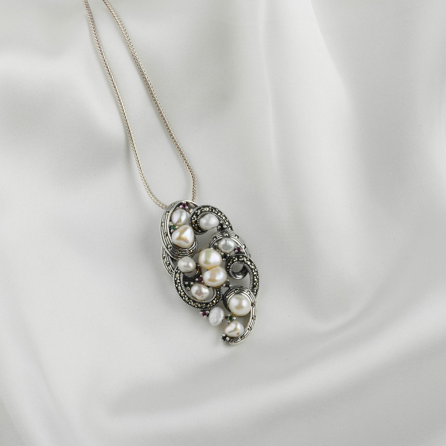 Dual Elegance Pearl and Marcasite Brooch-Pendant