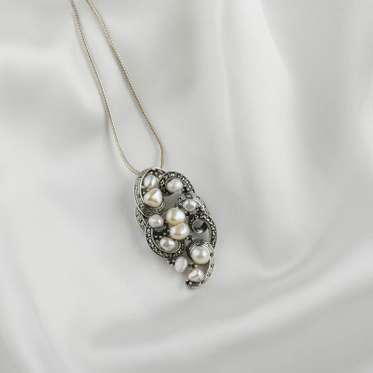 Dual Elegance Pearl and Marcasite Brooch-Pendant