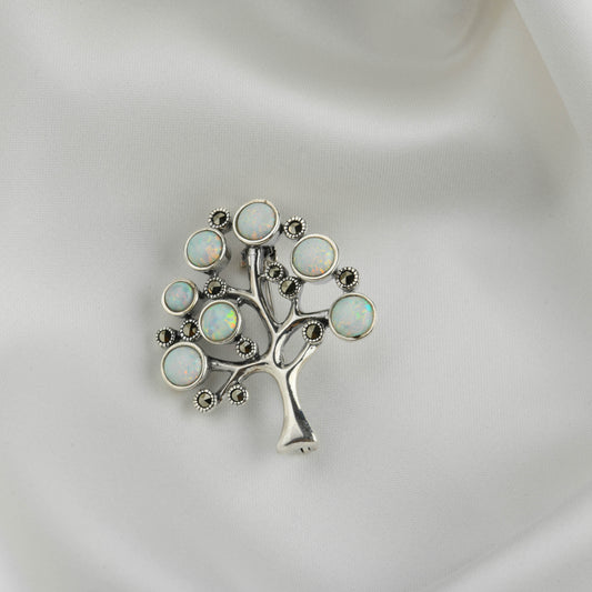Opal Marcasite Silver Tree Pendant & Brooch