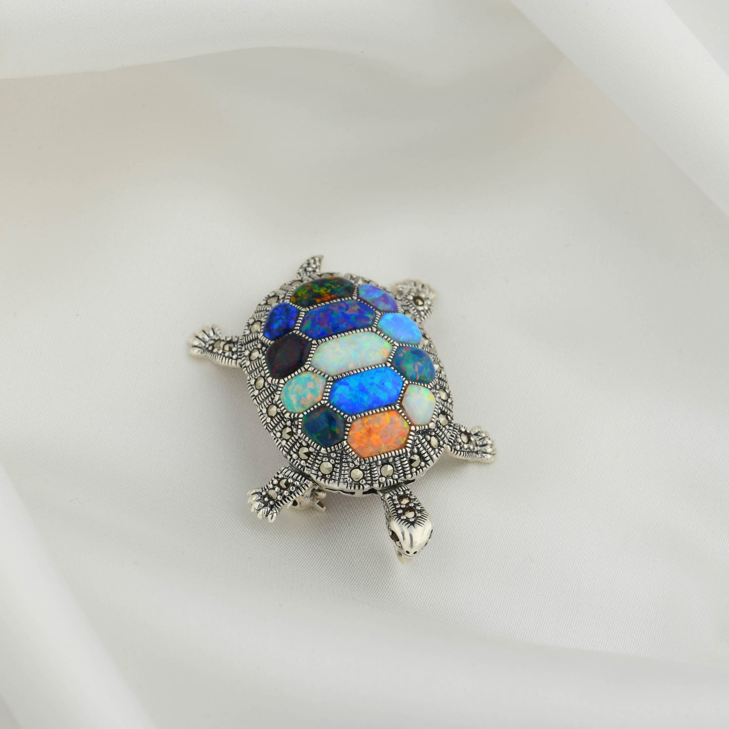 Rainbow Opal Turtle Marcasite Silver Pendant