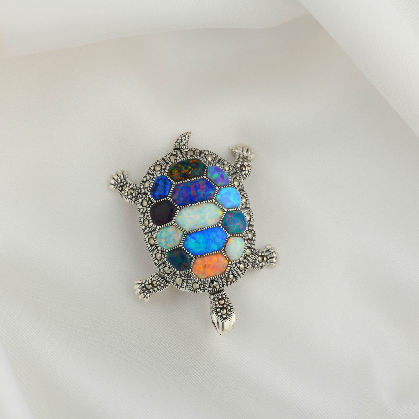Rainbow Opal Turtle Marcasite Silver Pendant