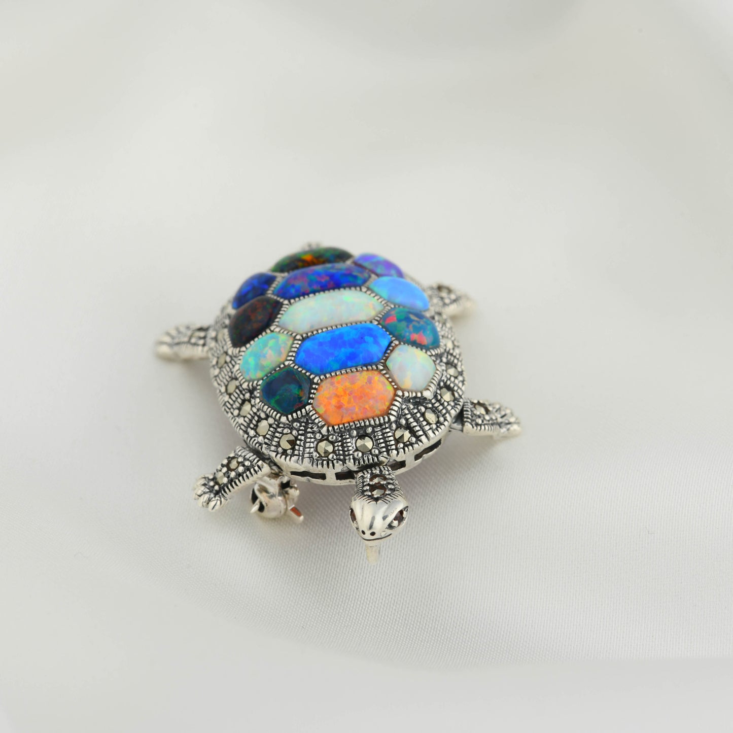 Rainbow Opal Turtle Marcasite Silver Pendant