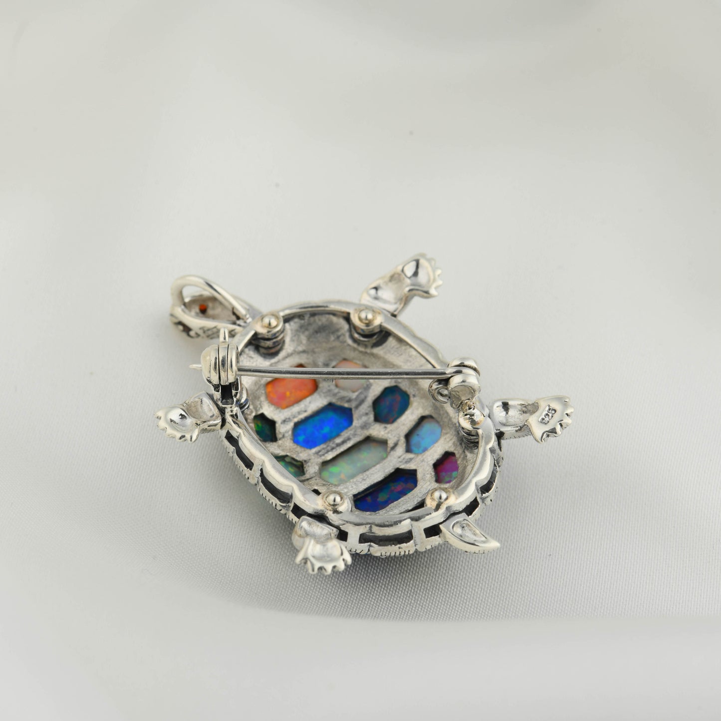 Rainbow Opal Turtle Marcasite Silver Pendant