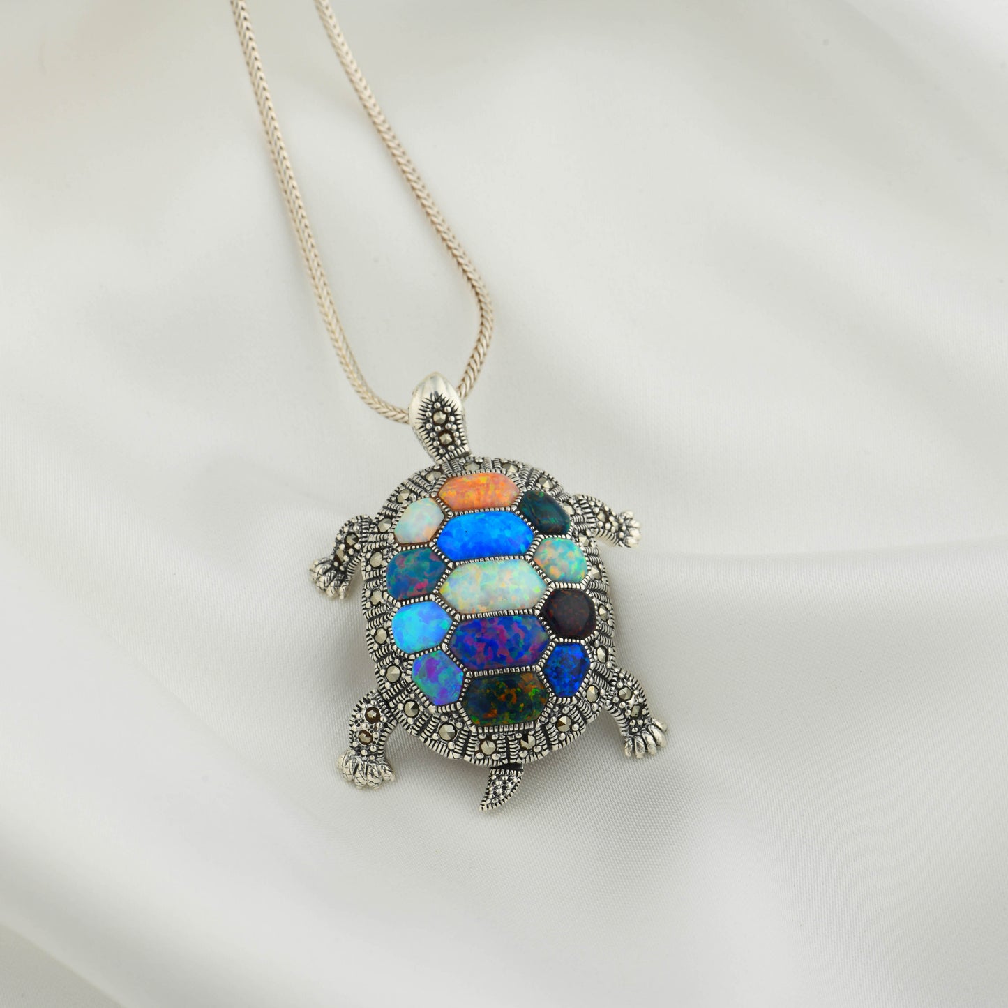 Rainbow Opal Turtle Marcasite Silver Pendant