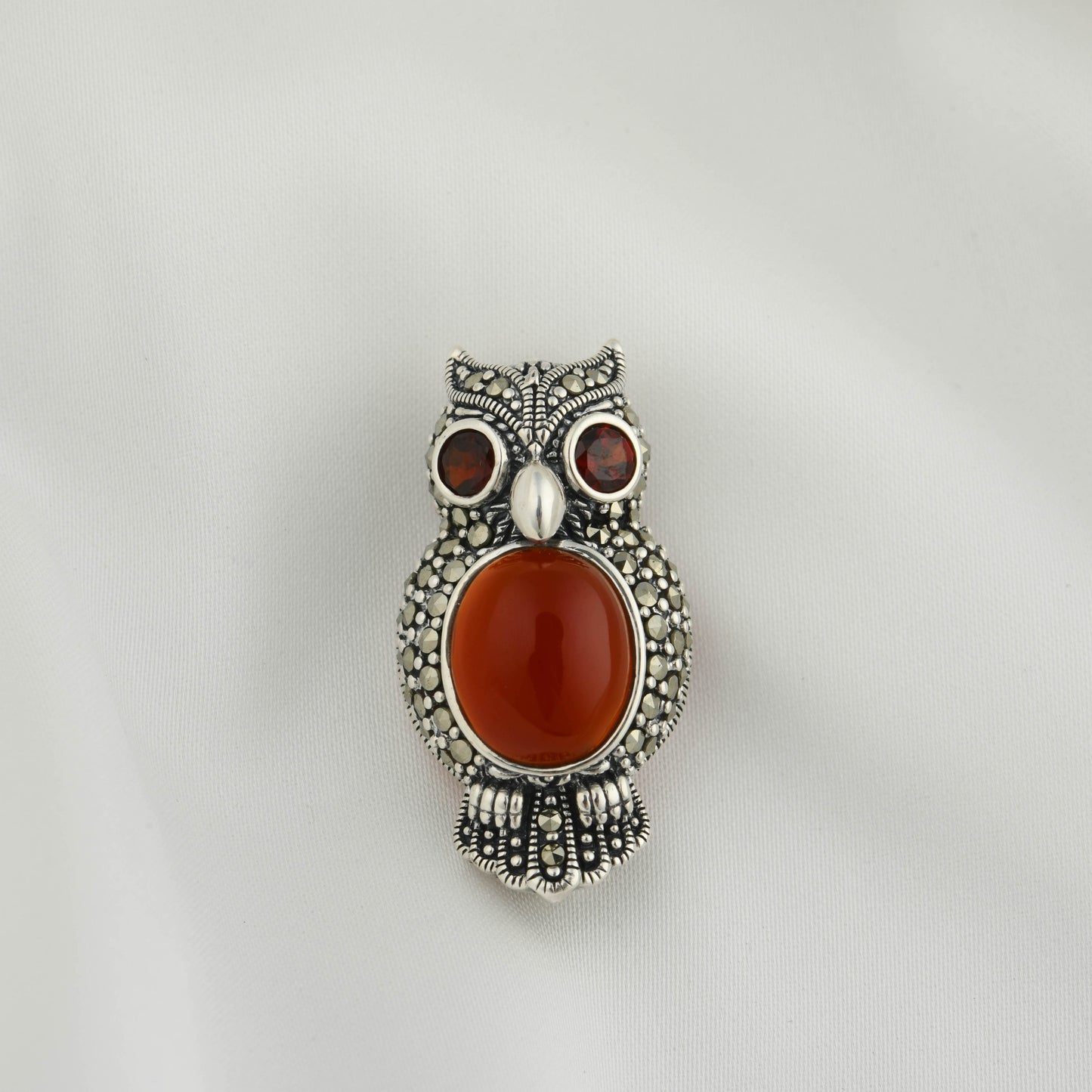 Carnelian Owl Marcasite Brooch-Pendant with Garnet Eyes