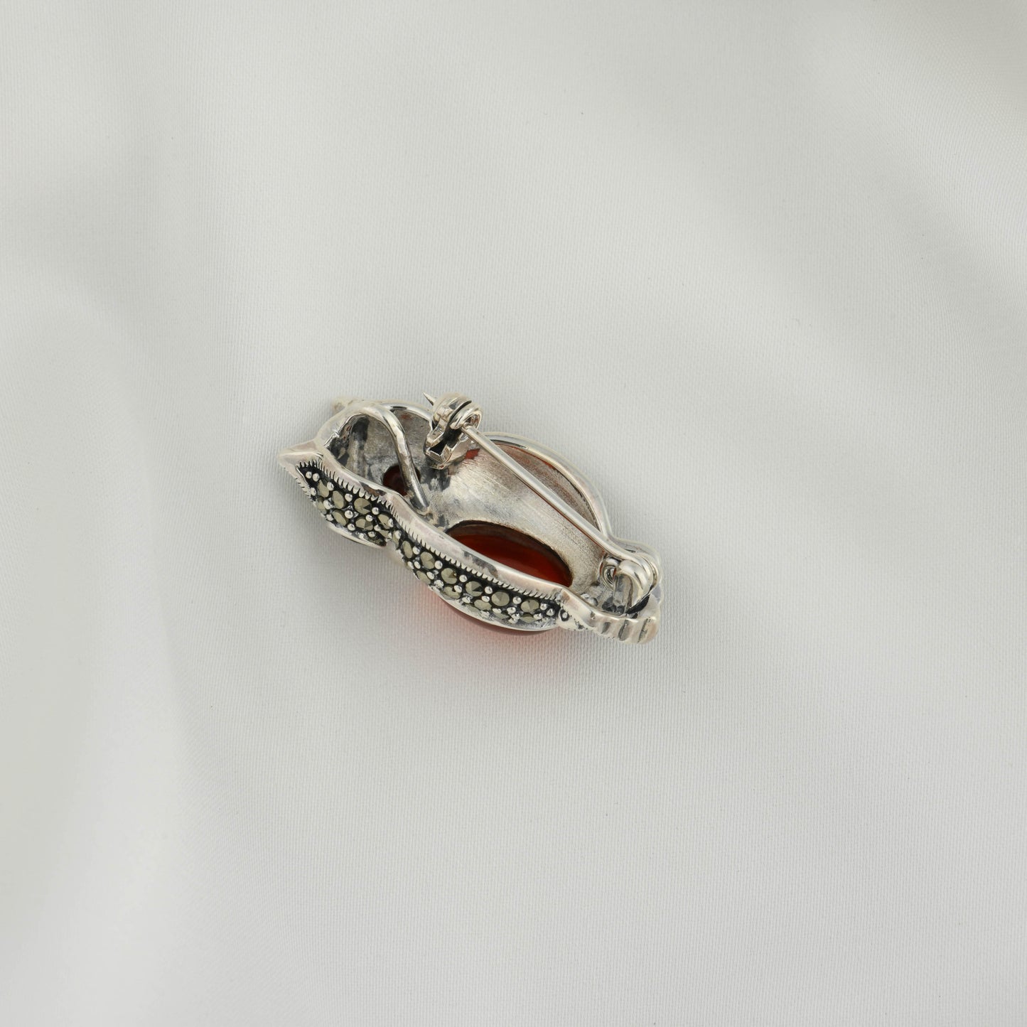 Carnelian Owl Marcasite Brooch-Pendant with Garnet Eyes