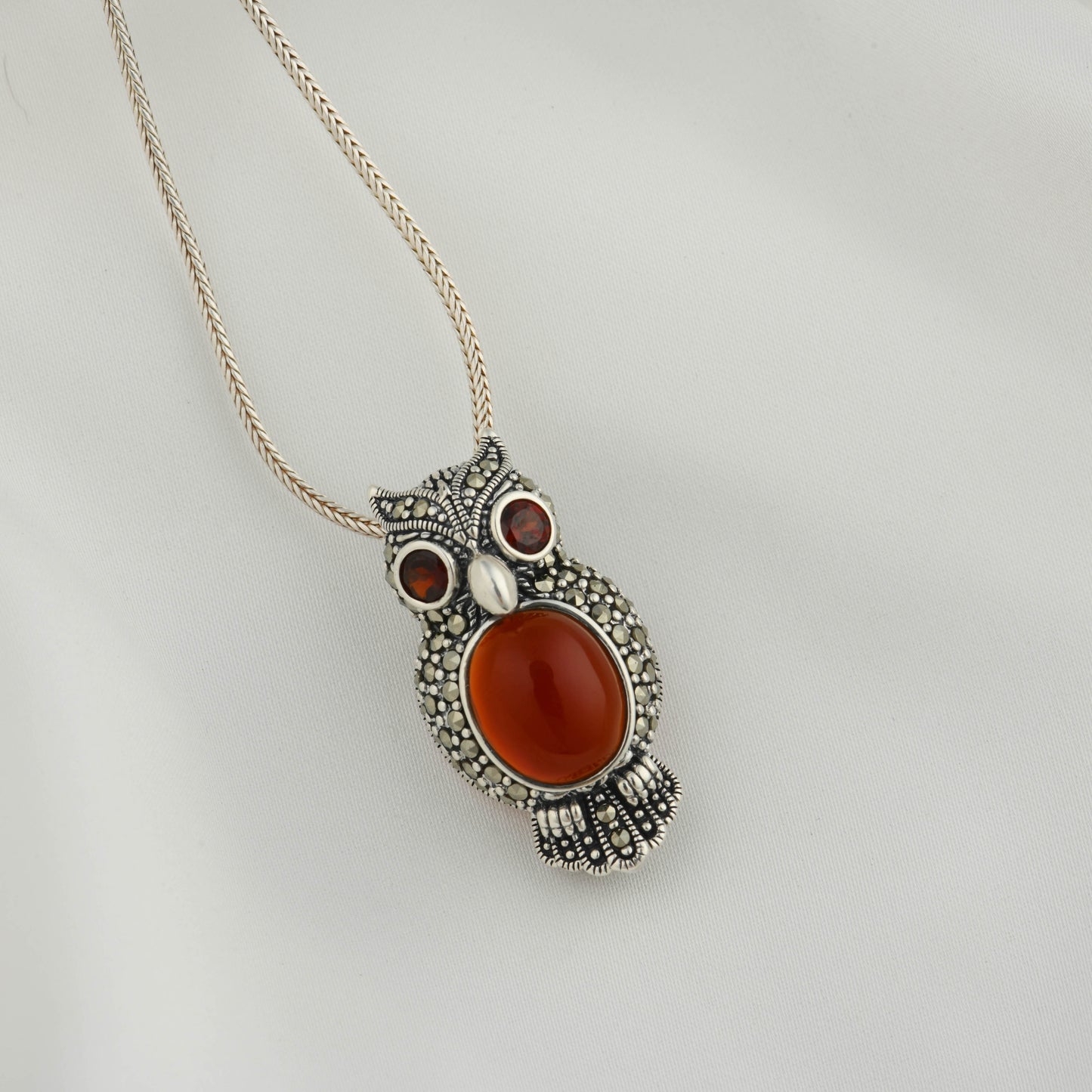 Carnelian Owl Marcasite Brooch-Pendant with Garnet Eyes