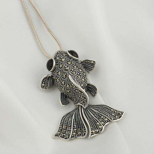 Vintage Style Marcasite Silver Fish Pendant