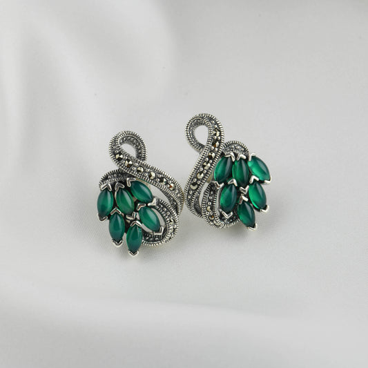 Lush Green Onyx Marcasite Drop Silver Earrings